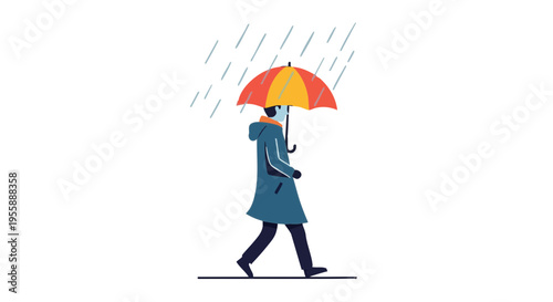 Person in a raincoat walking under a colorful umbrella in the rain. Minimalist vector illustration.