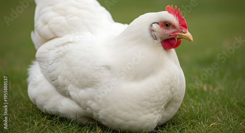 A beautiful white hen sitting peacefully on a green grass field in a farm setting