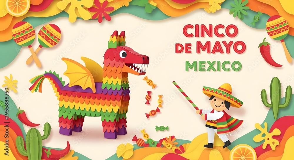 Naklejka premium Vibrant Cinco de Mayo Fiesta Paper Cut Illustration with Dragon Piñata, Cartoon Boy, Sombrero and Mexican Decorations
