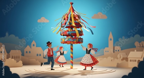 3D Paper Cut Style Maypole Dance Celebration with Folk Costumes and Festive Ribbons