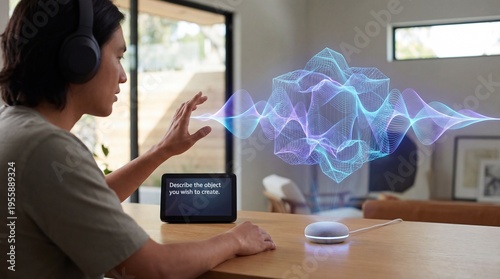 Man Interacting with Virtual Interface: A man wearing headphones interacts with a virtual interface, possibly for music listening or communication, a cutting-edge fusion of technology and daily life.