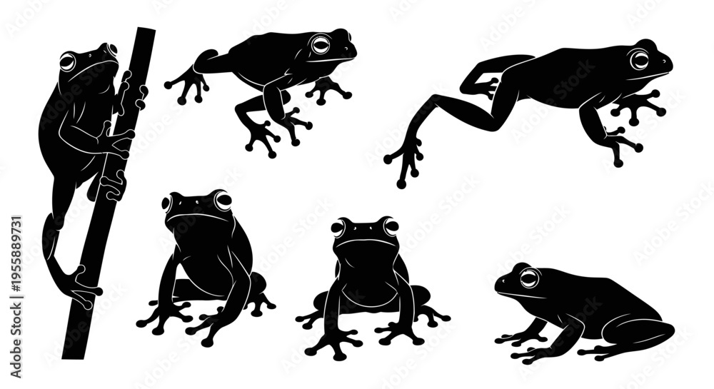 Naklejka premium Set of Six Black Frog Silhouettes in Various Poses on White Background