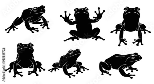 Set of Six Black Frog Silhouettes in Various Poses on White Background