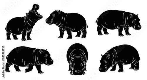 Set of six black hippopotamus silhouettes in various poses, isolated on white background