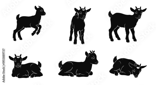 Set of Six Black Goat Silhouettes in Various Poses on White Background