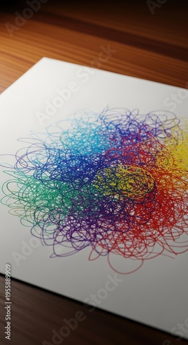 Close view of repetitive patterns scribbled on a piece of paper lying on a wooden surface, suggesting tedious inactivity and mental fatigue, lethargy, boredom, scribbling