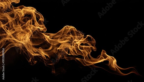 Ethereal, wispy golden smoke curves sinuously against a stark, deep black background