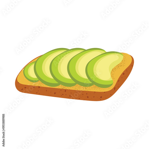 Avocado toast on bread. Healthy breakfast food with fresh avocado slices. Flat vector illustration isolated on white background.
