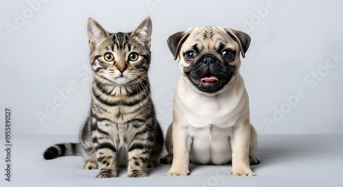Small domestic tabby kitten and a fawn pug puppy sitting together and looking at the camera