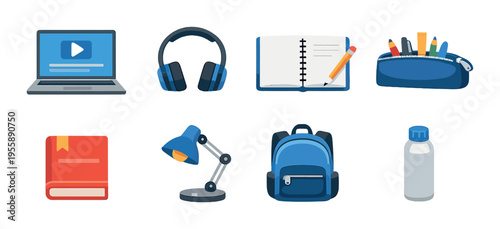 School supplies and electronics arranged on dark gradient background