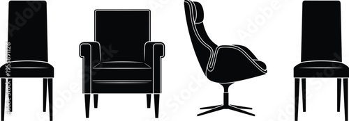 Collection of chair silhouettes including armchair and modern seating furniture isolated on white background for interior design and decoration use