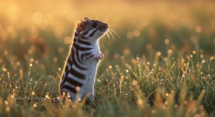 Cute striped ground squirrel standing in a grassy field during sunset, wildlife nature photography