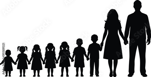 Family silhouettes with parents and children holding hands showing growth stages from kids to adults isolated on white background