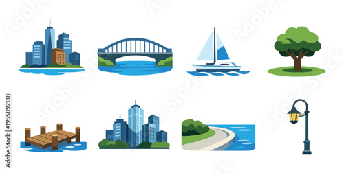 City waterfront elements including bridge sailboat and park