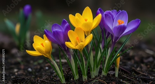 Vibrant purple and sunny yellow crocus blooms pushing up through the damp earth in early springtime. A macro view of delicate petals, early, Crocus, awakening