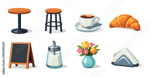 Cafe tableware and breakfast items on neutral background