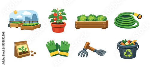 Garden tools and seedlings with compost bucket on dark backdrop