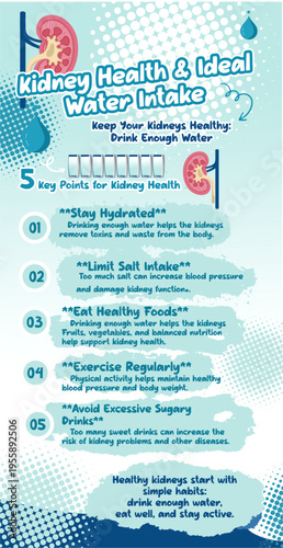 vector infographic kidney health and ideal water intake, for visual communication hospital, healthcare, medical care, health. editable vector illustration