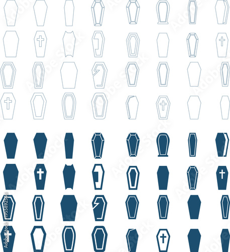 Variety of coffin shapes in outline and filled styles, representing funerary objects and symbolism