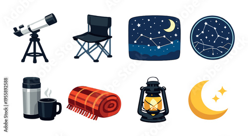 Telescope chair and camping stargazing gear on dark backdrop