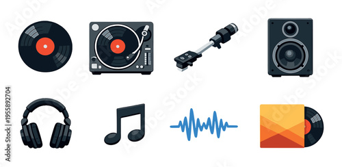 Turntable tonearm and music icons arranged on black background
