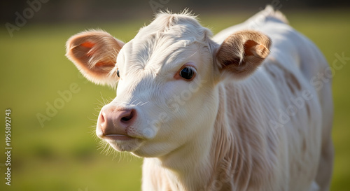 A white cow standing in a green field looking to the left