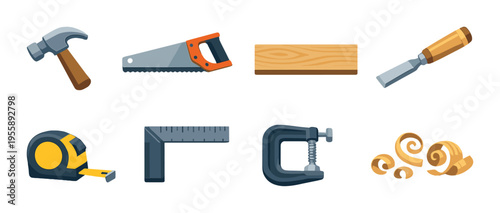 Carpentry tools and wood shavings on gray workshop background
