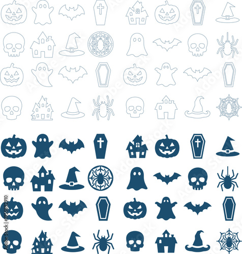Halloween icons and symbols including pumpkins, ghosts, bats, spiders, coffins and haunted houses