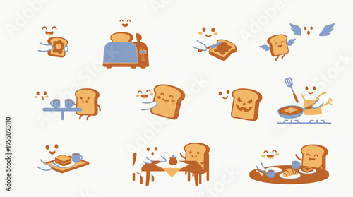 A charming collection of illustrations depicting anthropomorphic toast slices engaging in various breakfast and daily activities, showcasing a whimsical and friendly theme.