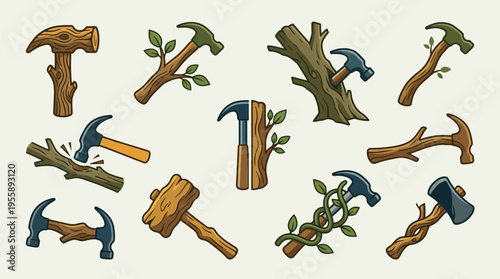A collection of hammers and mallets with handles made from branches and logs, some with leaves and vines, illustrating a natural and rustic approach to tools.