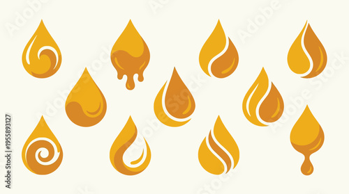 A collection of stylized golden liquid drops, some with swirling patterns and others with dripping effects, against a plain background.