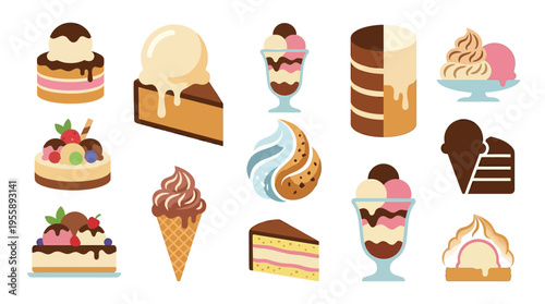 A vibrant collection of delicious ice cream desserts, cakes, and sweet treats, showcasing a variety of flavors and artistic presentations.