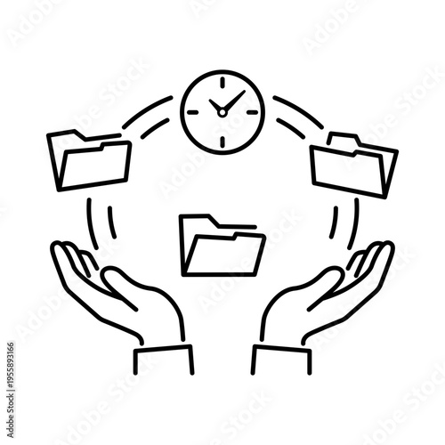 Minimalist black line vector icon of hands managing folders and a clock, representing freelance work, gig economy, time management, and efficient document workflow on a white background.