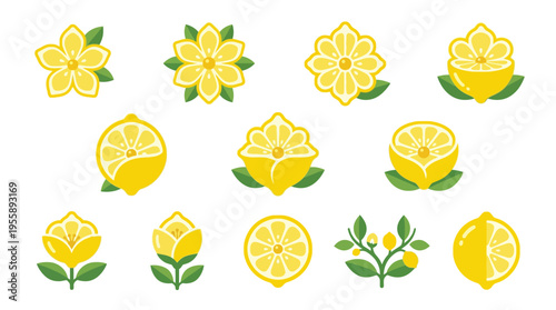 A collection of stylized lemon and flower icons, showcasing various artistic interpretations of citrus fruits and floral designs in yellow and green.