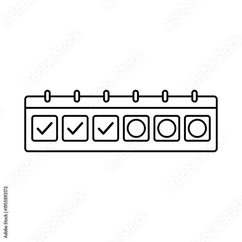 Four-day work week minimalist black line vector icon illustration on a white background, representing a flexible schedule, task management, and productivity with checkmarks and circles.
