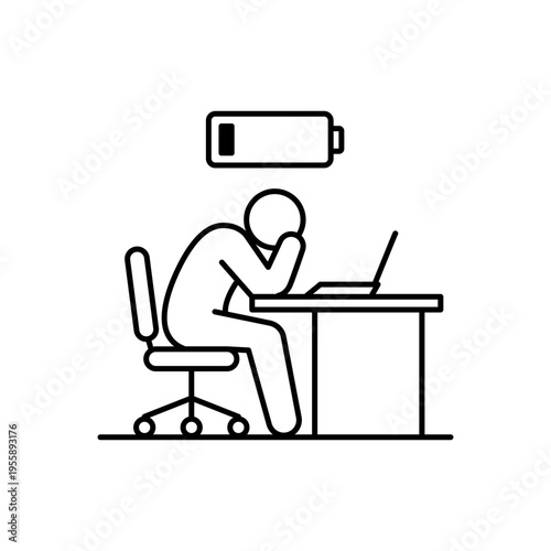 Quiet Quitting and Burnout Concept: A Minimalist Black Line Vector Icon Illustration of an Exhausted Employee Sitting at a Desk with a Low Battery Symbol, Representing Work Fatigue and Stress.