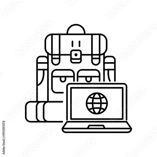 Digital nomadism minimalist black line vector icon on white background, featuring a backpack and laptop with a globe, representing remote work, travel lifestyle, and global connectivity illustration.
