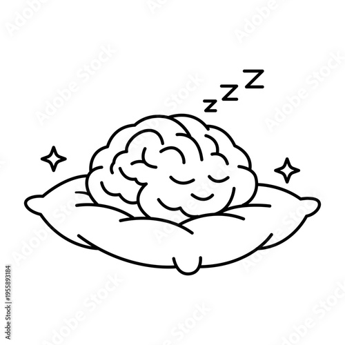 Mental Health Day minimalist black line vector icon illustration of a human brain sleeping peacefully on a soft pillow with zzz symbols, representing rest, relaxation, and mental well-being.