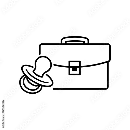 Parental leave vector icon illustration featuring a minimalist black line drawing of a business briefcase and a baby pacifier on a white background, symbolizing work-life balance and family.