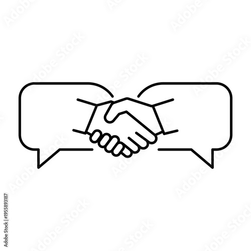 Minimalist black line vector icon illustration of a handshake formed by two speech bubbles on a white background, representing conflict resolution, agreement, communication, and business deal.