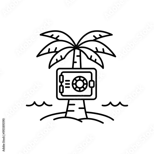 Offshore Banking Vector Icon Illustration: Minimalist Black Line Art of a Safe Vault on a Tropical Palm Tree Island, Representing Tax Havens, Financial Security, and Global Wealth Management.