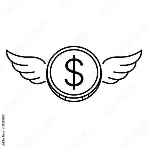 Minimalist black line vector icon of a dollar coin with wings on a white background, representing an angel investor, financial freedom, wealth, or fast money transfer in a clean outline illustration