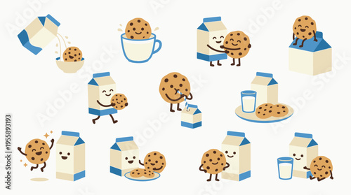 A charming collection of illustrations depicting cookies and milk cartons in various playful and heartwarming scenarios.