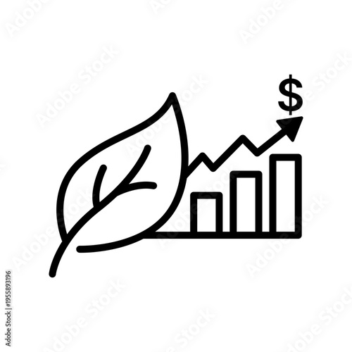 Carbon Credit Trading and Green Finance Growth Vector Icon Illustration; Minimalist Black Line Art Featuring a Leaf, Rising Bar Chart, and Dollar Sign Representing Sustainable Investment.
