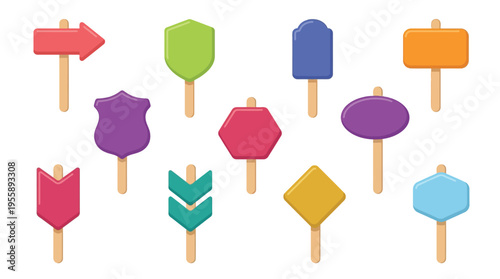 Collection of colorful, stylized wooden signposts with various shapes and colors on a white background.