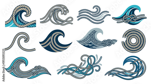 Collection of stylized waves and nautical rope designs, showcasing various artistic interpretations of ocean water and maritime elements.