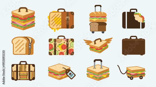 Creative collection of sandwiches designed to resemble various types of luggage, including suitcases, briefcases, and travel bags, with some featuring wheels and handles.