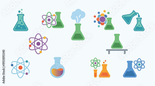 A vibrant collection of science-themed icons featuring beakers, flasks, and atomic models, symbolizing chemistry and research.