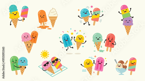 A vibrant collection of cute, anthropomorphic ice cream cones and popsicles enjoying various summer activities and expressing emotions.