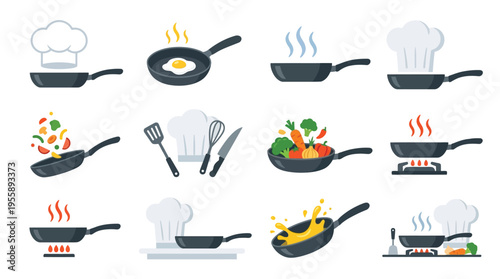 Collection of various cooking scenes featuring frying pans, chef hats, and ingredients, illustrating culinary activities.